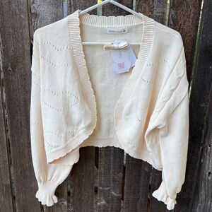 SNBL Heart Open Cardigan Sweater With Knit Bow Pin NWT In Cream Sz M